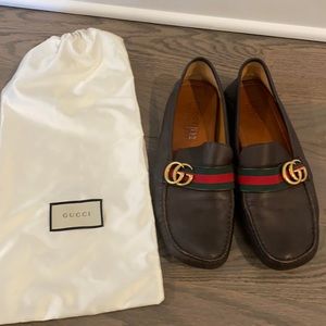 100% authentic Gucci slip in loafers GG symbols green and red ribbon size 10 1/2
